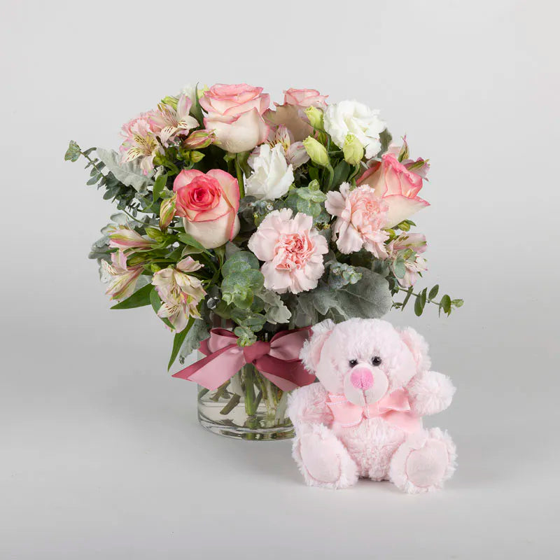 New Born Flowers Pink in Vase Pink and Teddy