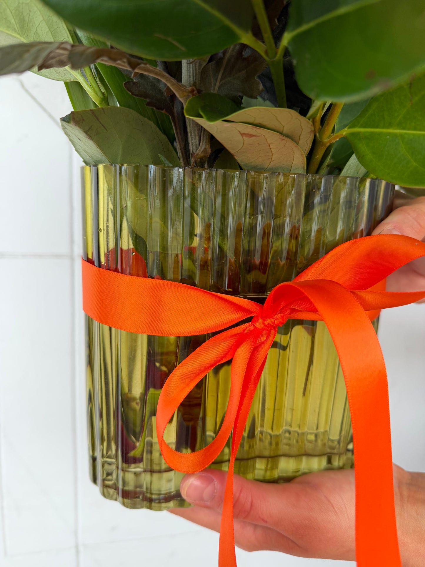 Green Ribbed Vase arrangement
