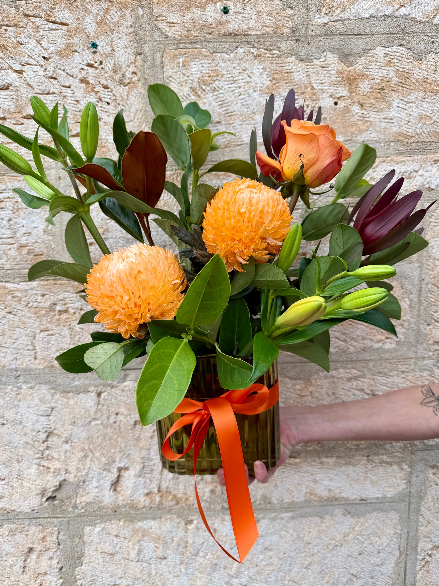 Green Ribbed Vase arrangement